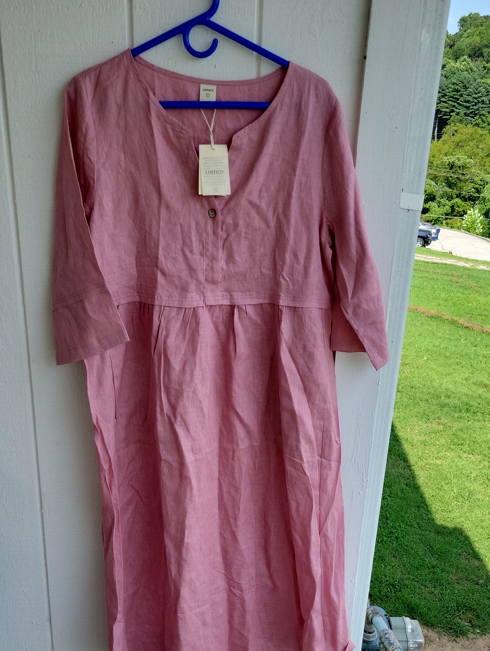 Lintico Pink 100 % Linen Midi Dress with Button Detail